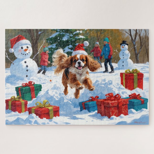 Cavalier King Charles Spaniel Snow mit Weihnachten (Horizontal)