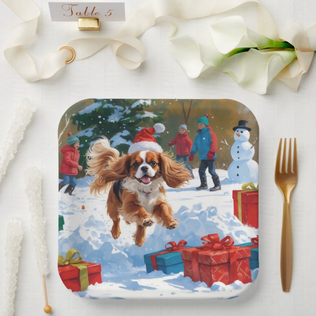 Cavalier King Charles Spaniel Snow mit Weihnachten Pappteller (Hochzeit)