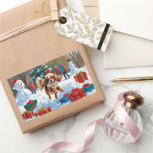 Cavalier King Charles Spaniel Snow mit Weihnachten Rechteckiger Aufkleber