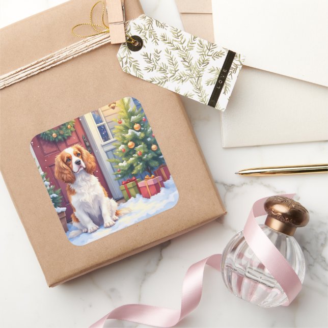 Cavalier King Charles Spaniel Snowy Christmas Quadratischer Aufkleber (Schenken)