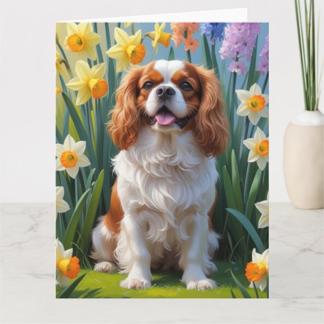 Cavalier King Charles Spaniel Spring Flowers Karte (Vorderseite)