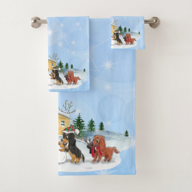 Cavalier King Charles Spaniels Gebäude a Snowman Badhandtuch Set (Insitu)