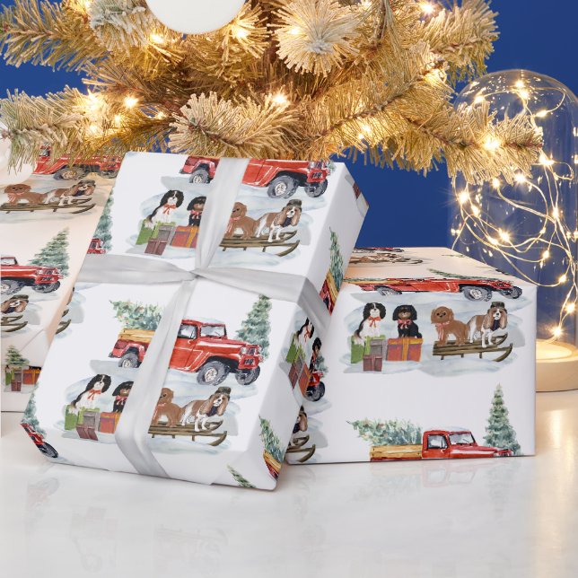Cavalier King Charles Spaniels Winter Truck  Geschenkpapier (Feiertage)