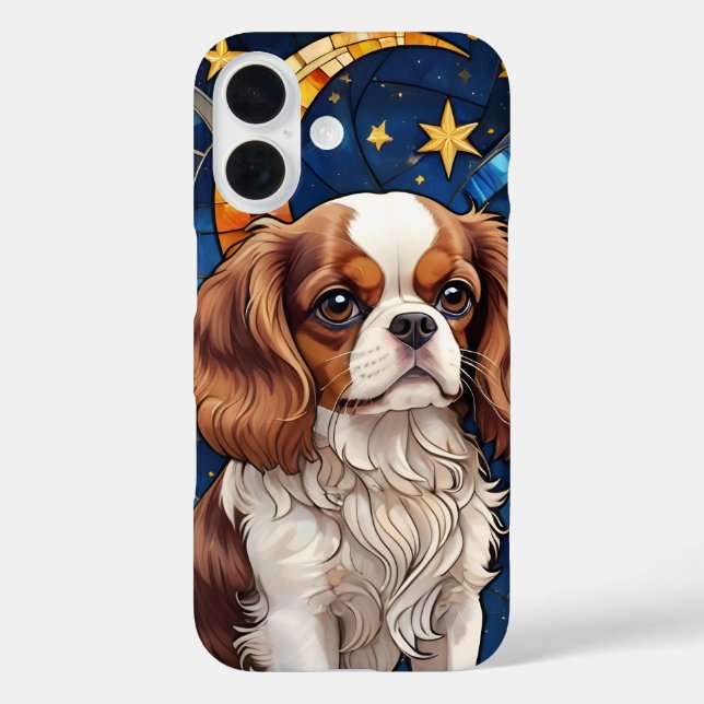 Cavalier King Charles Stached Glass Stars & Moon iPhone 16 Hülle (Rückseite)