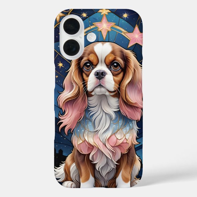 Cavalier King Charles Stains Glas Pink Stars iPhone 16 Hülle (Rückseite)