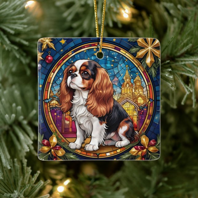 Cavalier King Charles Stains Glass Christmas Keramikornament (Baum)