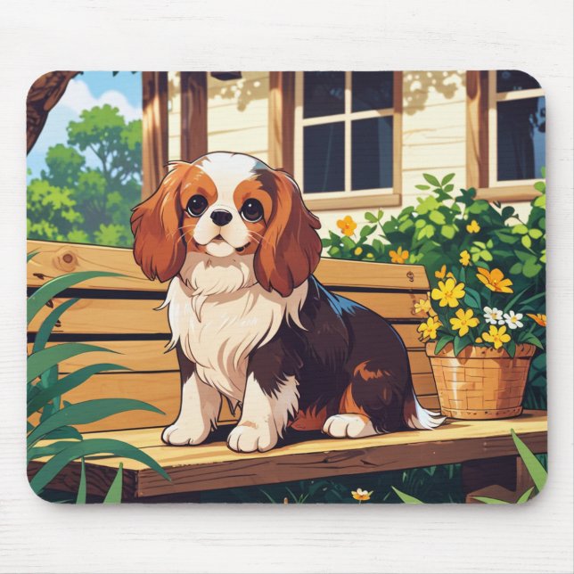 Cavalier King Charles Tricolor auf einer Bank Mousepad (Vorne)