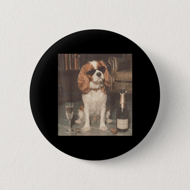 Cavalier King Charles trinkt Champagner Lustig Button (Vorderseite)