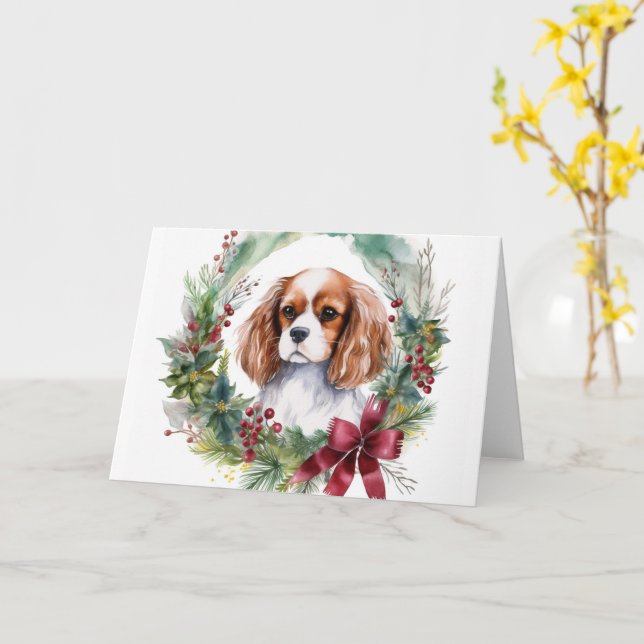 Cavalier King Christmas Wreath Festivals Karte (Gelbe Blume)