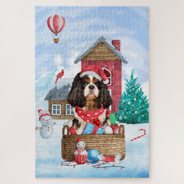 Cavalier King Dog im Schnee Weihnachtshundehaus (Vertikal)