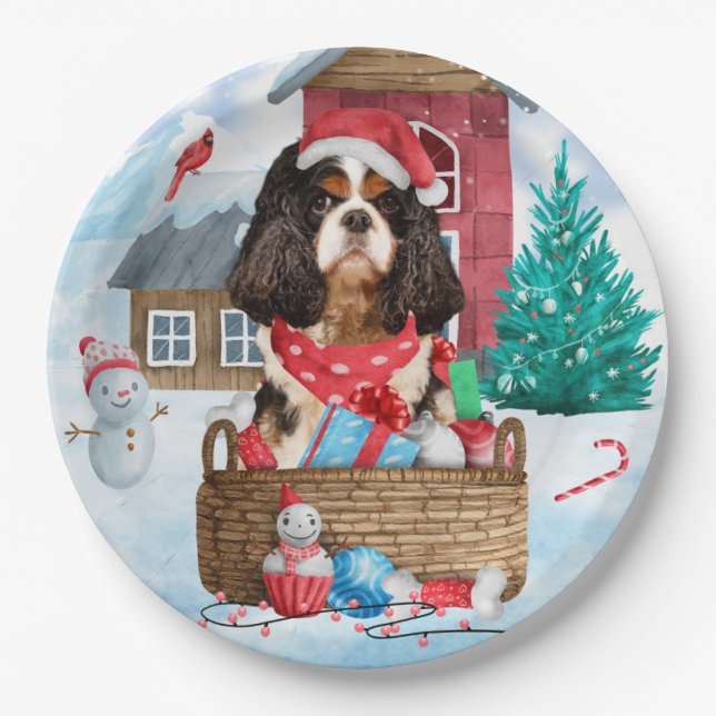 Cavalier King Dog im Schnee Weihnachtshundehaus Pappteller (Vorderseite)