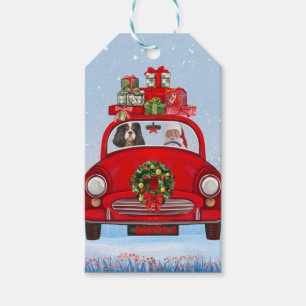Cavalier King Dog in Auto mit dem Weihnachtsmann Geschenkanhänger