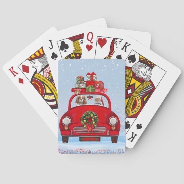 Cavalier King Dog in Auto mit dem Weihnachtsmann Spielkarten (Rückseite)