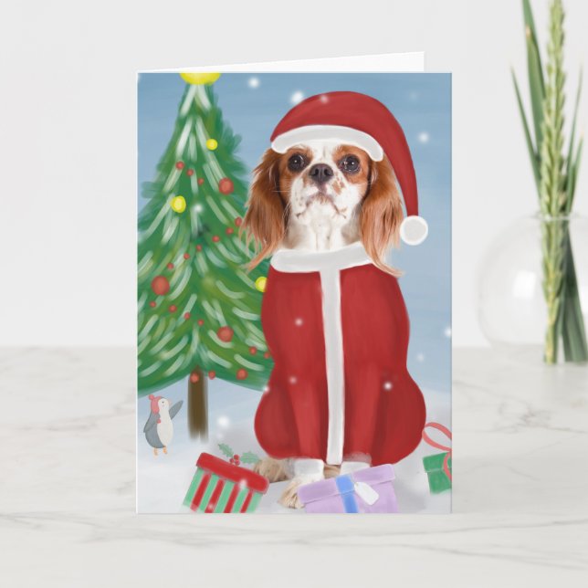 Cavalier King Dog in Snow mit Weihnachtsgeschenken Karte (Vorderseite)