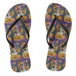 Cavalier King Hund Halloween Hexe und Kürbis Flip Flops