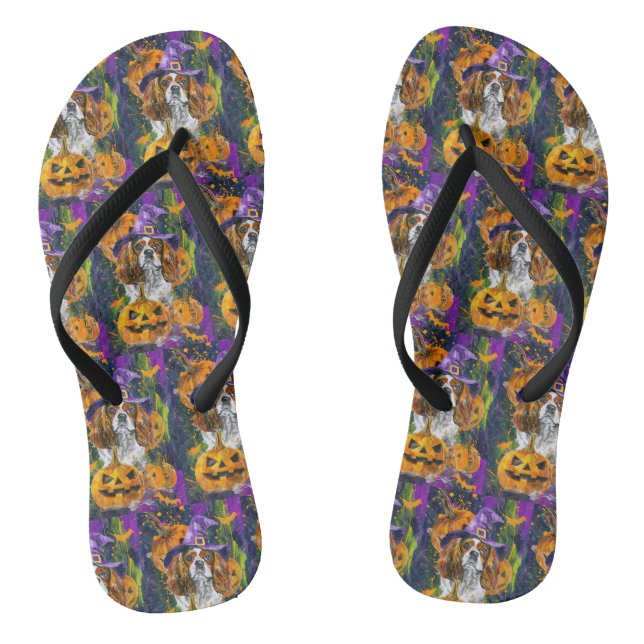 Cavalier King Hund Halloween Hexe und Kürbis Flip Flops (Fußbett)