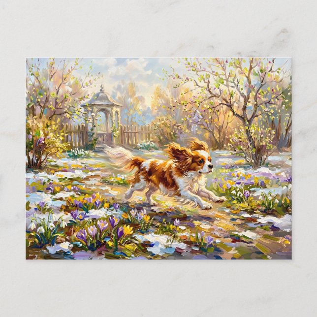 Cavalier Spaniel im blühenden Frühlingsgarten Postkarte (Vorderseite)