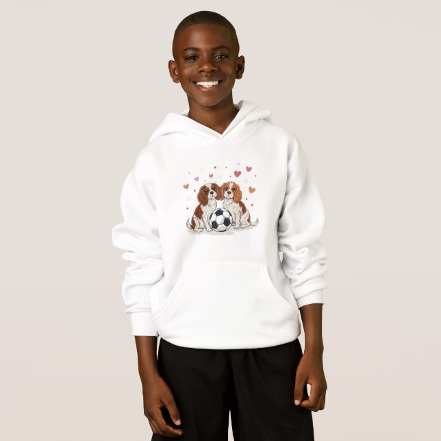 Cavalier Spaniels with soccer ball for Valentine's Hoodie (Vorne ganz)