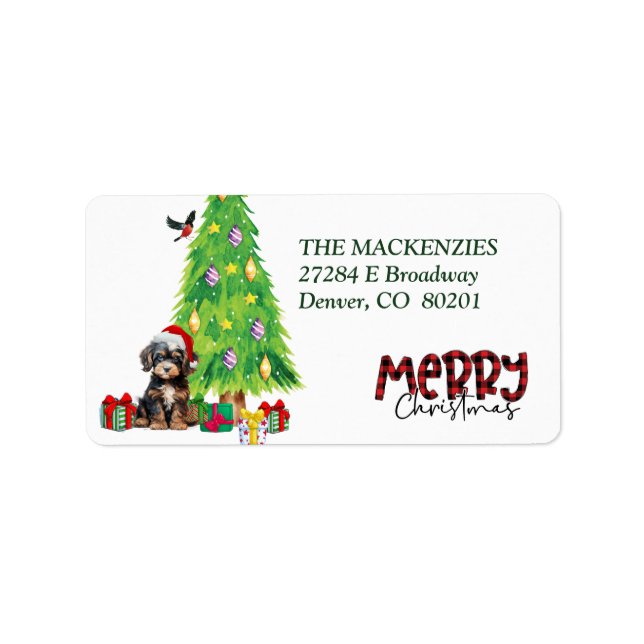 Cavapoo Dog and Christmas Tree Return Address Adressaufkleber (Vorne)