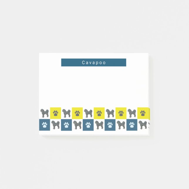 Cavapoo Dog & Paw Gelb & Blau Grids Post-it Klebezettel (Vorderseite)
