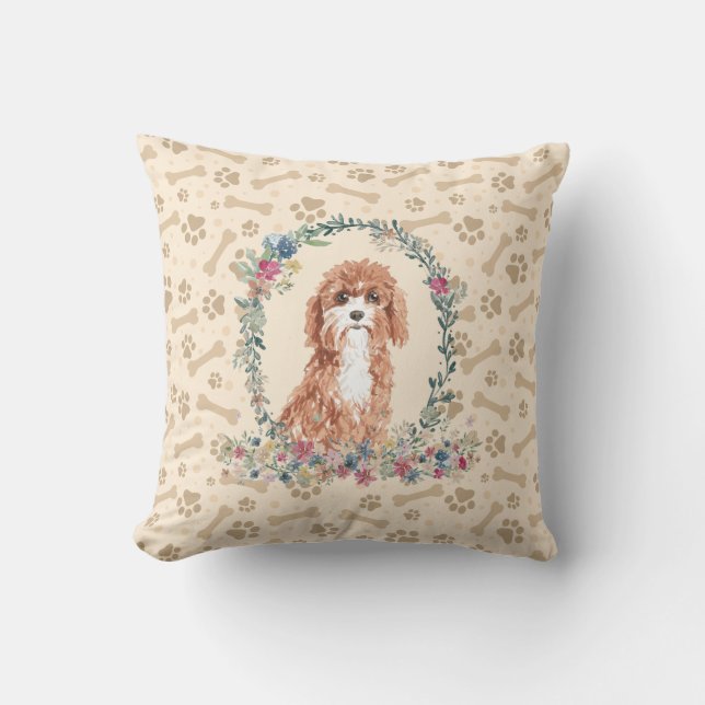 Cavapoo Dog Paw Print & Floral Niedlich Kissen (Vorderseite)