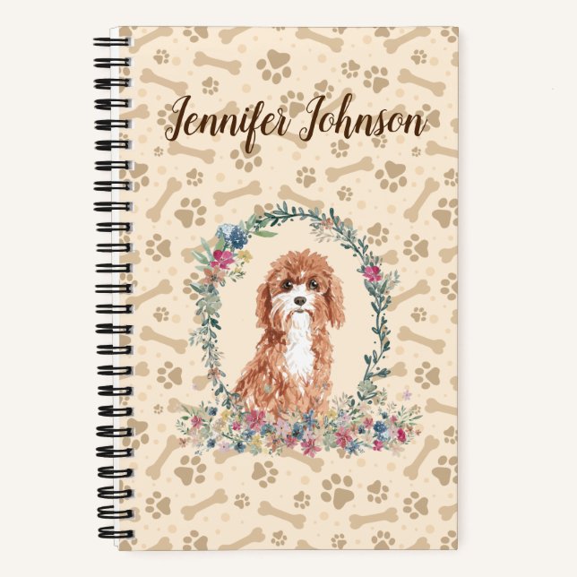 Cavapoo Dog Paw Print & Floral Niedlich Notizbuch (Vorderseite)