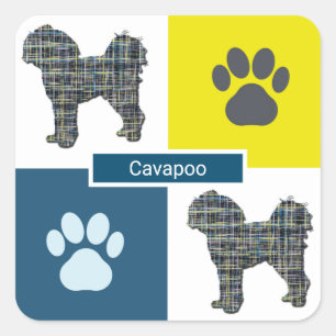 Cavapoo Dog Silhouette & Paw Y&B Grid Quadratischer Aufkleber