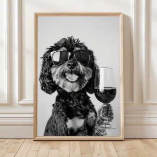 Cavapoo noir et feu buvant du vin décoration mural