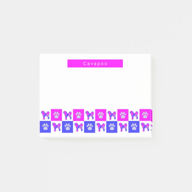 Cavapoo Silhouette Dog & Paw Hot Pink & Blue Post-it Klebezettel (Vorderseite)