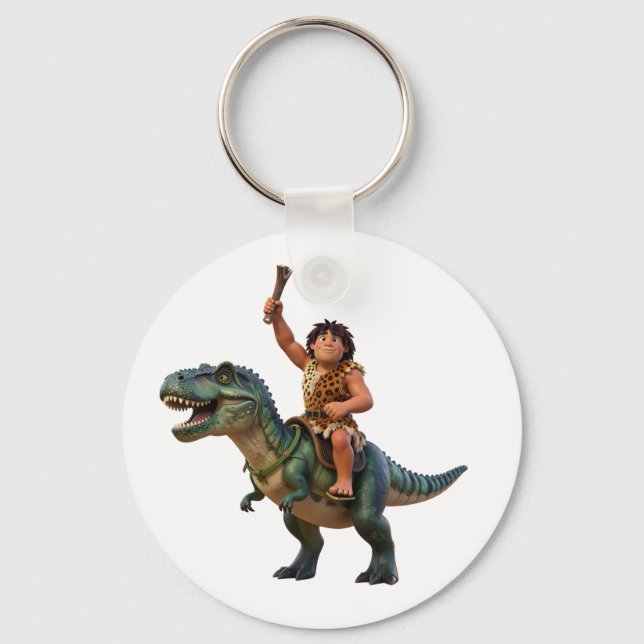 Caveman Riding Dinosaur Cartoon Image Schlüsselanhänger (Vorderseite)