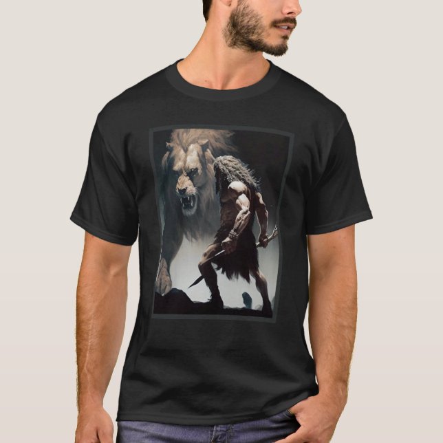 Caveman Warrior with Friendly Lion chasing the sam T-Shirt (Vorderseite)