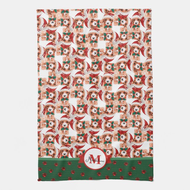 Cavoodle-Muster-Monogramm-Weihnachten-Hund Geschirrtuch (Vertikal)