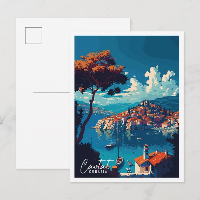 Cavtat Croatia Vintage Reise Illustration Postkarte (Vorne/Hinten)