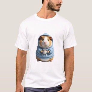 Cavy in einer blauen Kapuzenjacke hält T-Shirt
