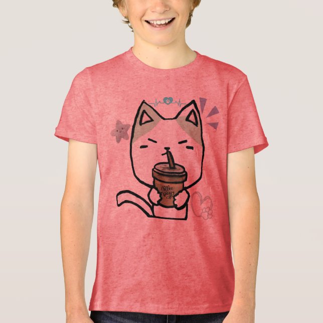 Cawaii Funny cat with coffee Cute Cat anime style Tri-Blend Shirt (Vorderseite)
