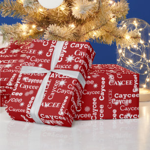 CAYCEE Individuelle Name mit Schneeflocken auf Rot Geschenkpapier