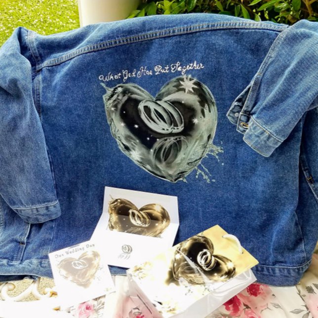 "Ce que Dieu a mis ensemble" Mariage Denim Jacket (Lovely  bridal demin jacket  with  two wedding bands inside a crystal heart.)