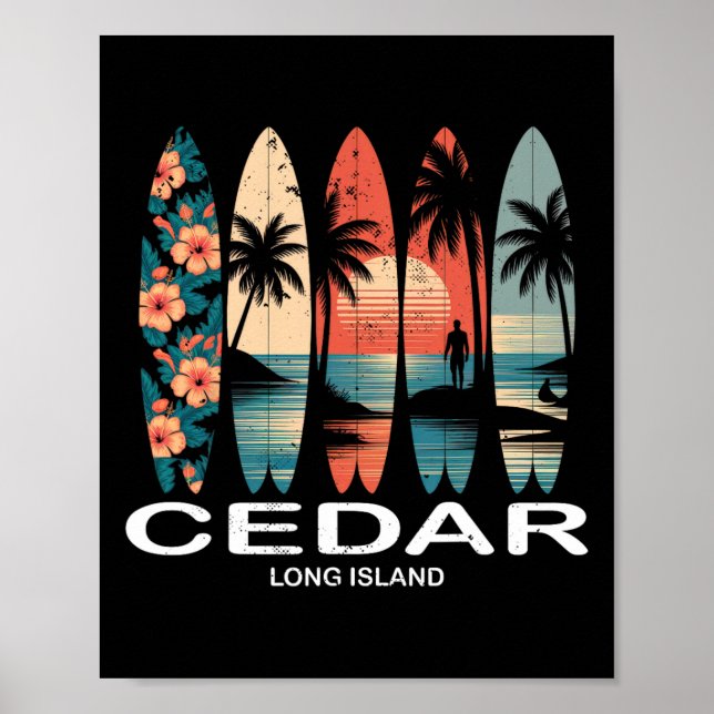 Cedar Beach Long Island Surfboard Surfing Retro  Poster (Vorne)