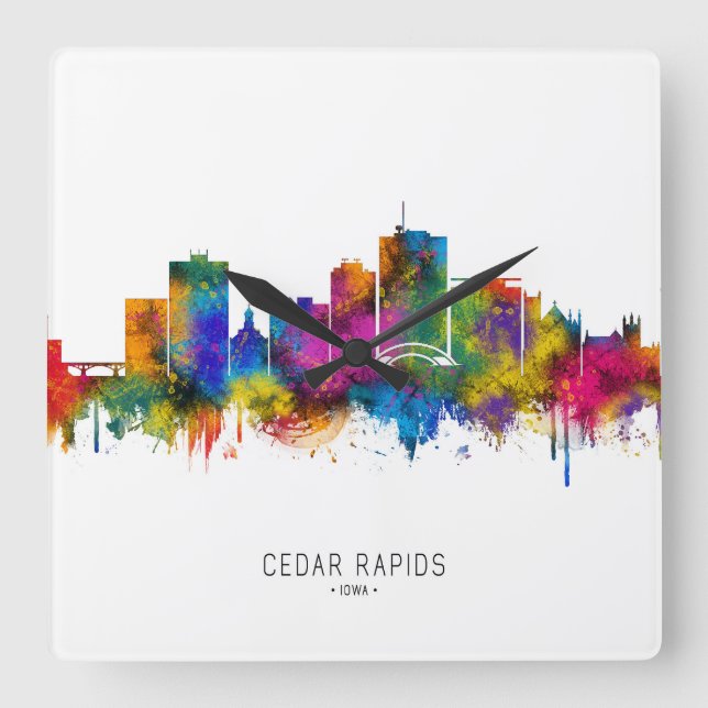 Cedar Rapids Iowa Skyline Quadratische Wanduhr (Vorderseite)