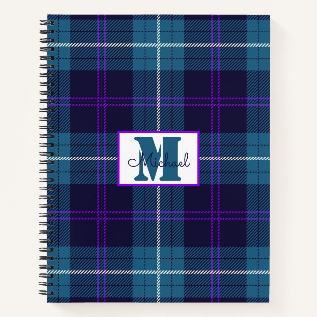 Celadon Blue-Dark Blue Kariert Tartan Personalisie Notizbuch (Vorderseite)
