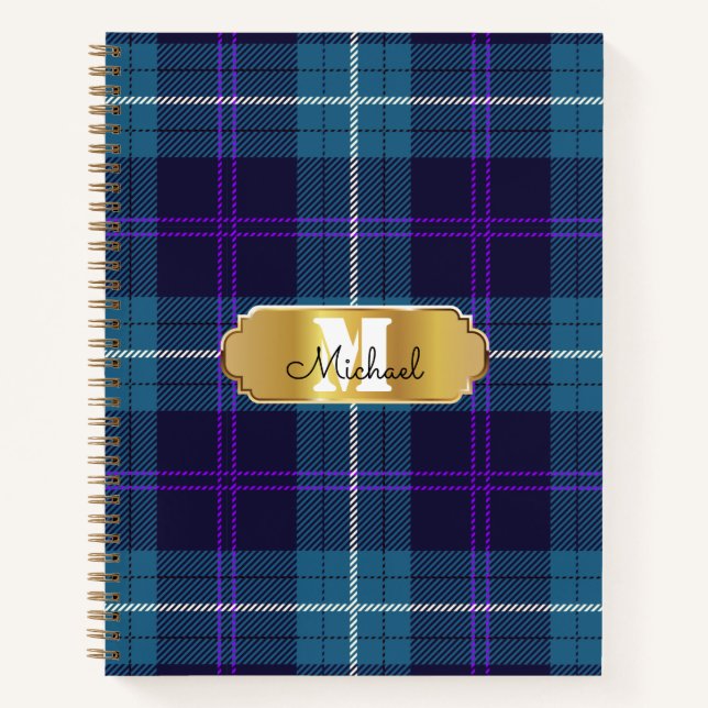 Celadon Blue Kariert Tartan Golden Mit Monogramm Notizbuch (Vorderseite)