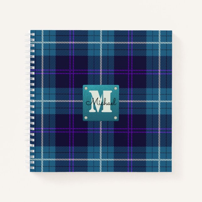 Celadon Blue Kariert Tartan Leather Mit Monogramm Notizbuch (Vorderseite)