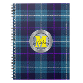Celadon Blue Kariert Tartan Metallic Steel Monogra Notizblock