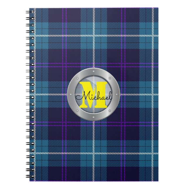 Celadon Blue Kariert Tartan Metallic Steel Monogra Notizblock (Vorderseite)