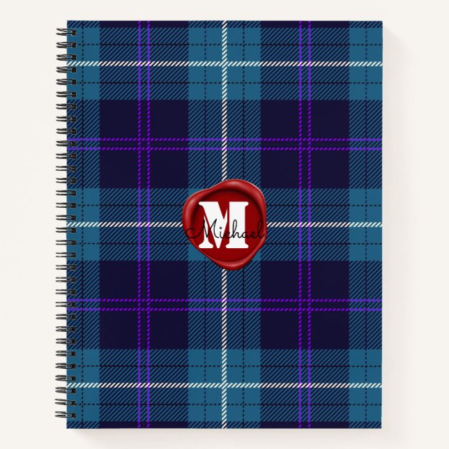 Celadon Blue Kariert Tartan Wax Siegel Mit Monogra Notizbuch (Vorderseite)