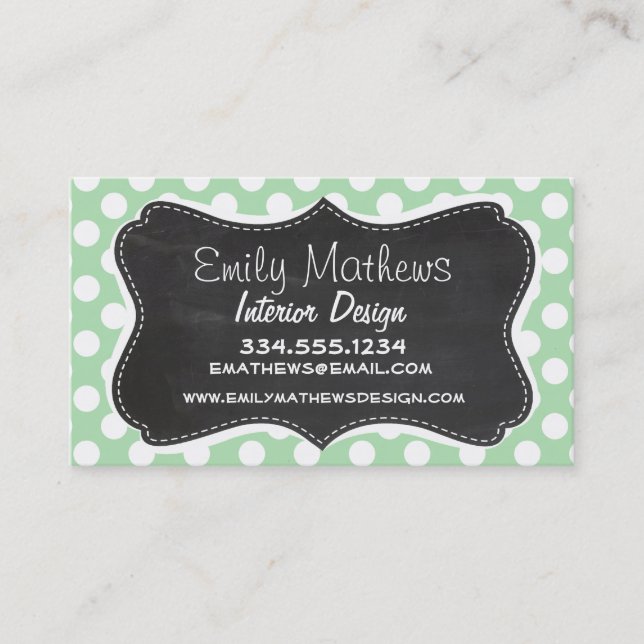 Celadon Green Polka Dots; Chalkboard-Look Visitenkarte (Vorderseite)