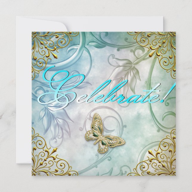 Celebrate Aquamarin Blue Butterfly Floral Gold Par Einladung (Vorderseite)