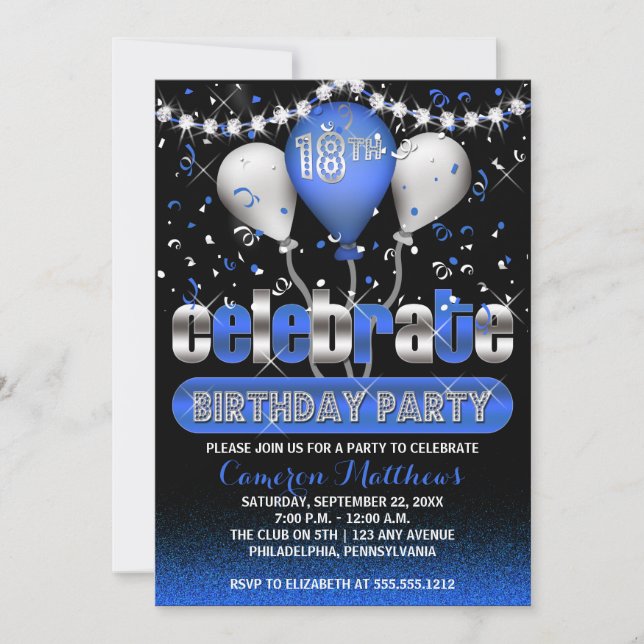 Celebrate Balloons Confetti 18. Geburtstagsparty Einladung (Vorderseite)