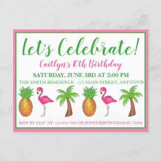 Celebrate Birthday Flamingo Palm Tree Ananas Einladungspostkarte