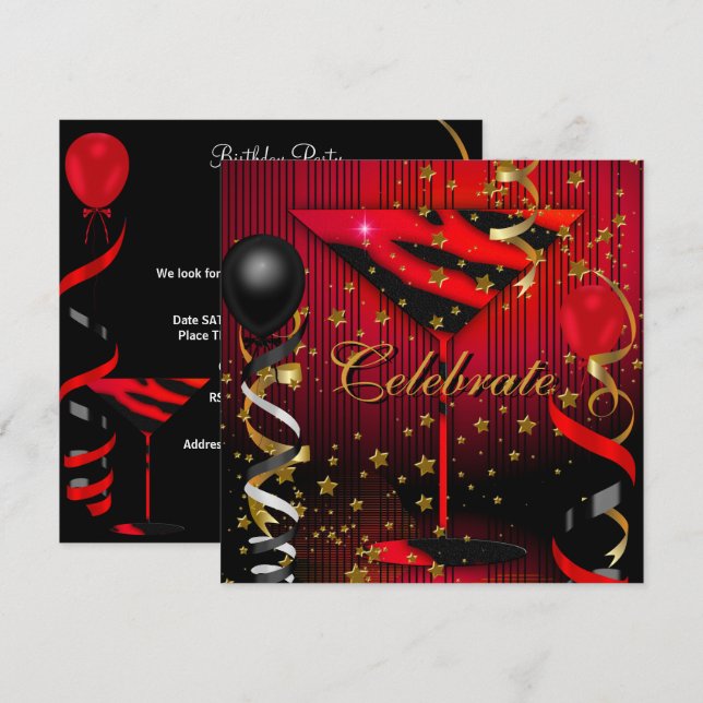 Celebrate Birthday Party Black Red Stars Einladung (Vorne/Hinten)